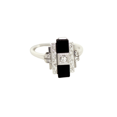 Bague 61.5 Art déco - Bague en or blanc avec onyx et diamants 58 Facettes