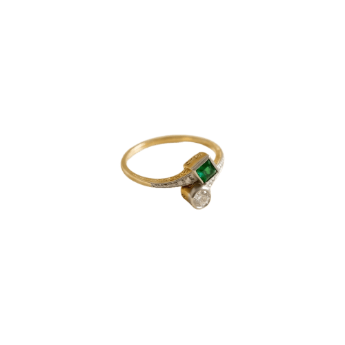 Bague 53 Toi et Moi - Bague ancienne en or jaune, émeraude et diamants 58 Facettes