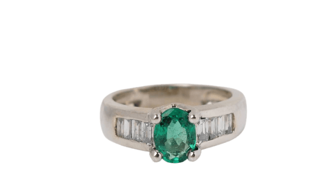 Bague 53 Bague - Émeraude et diamants baguettes en or blanc 58 Facettes F4162