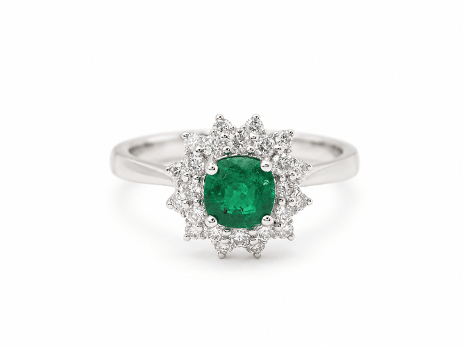 Bague 53 Bague double entourage en or blanc, émeraude et diamants 58 Facettes 33177