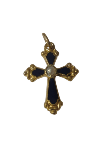 Pendentif Croix régionale XIXe - Pendentif en or jaune, émail bleu et perle 58 Facettes Pendentif