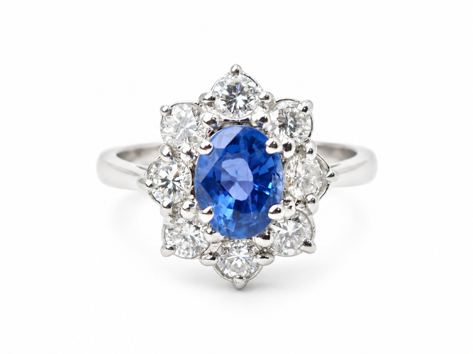 Bague 52 Bague entourage en or blanc, saphir de Ceylan et diamants 58 Facettes 33229