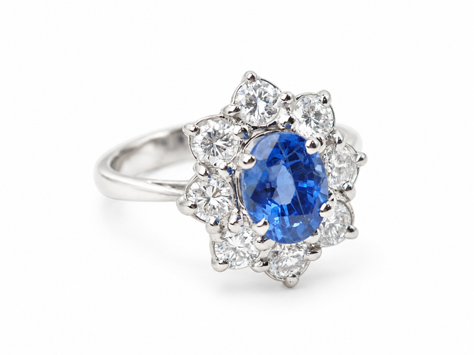 Bague 52 Bague entourage saphir de Ceylan 1,50 ct et diamants 0,80 ct en or blanc 18 carats 58 Facettes 33229