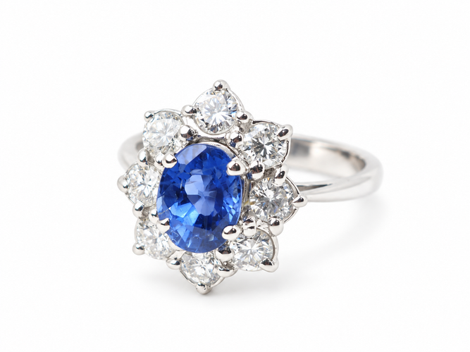 Bague 52 Bague entourage saphir de Ceylan 1,50 ct et diamants 0,80 ct en or blanc 18 carats 58 Facettes 33229