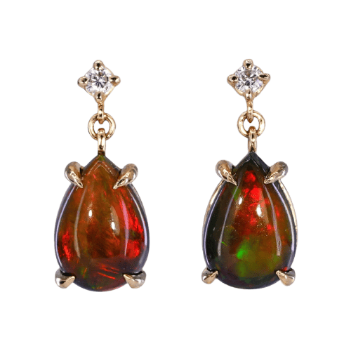 Boucles d'oreilles Boucles d'oreilles en or jaune 14 ct, opales noires GFCO et diamants 58 Facettes E021