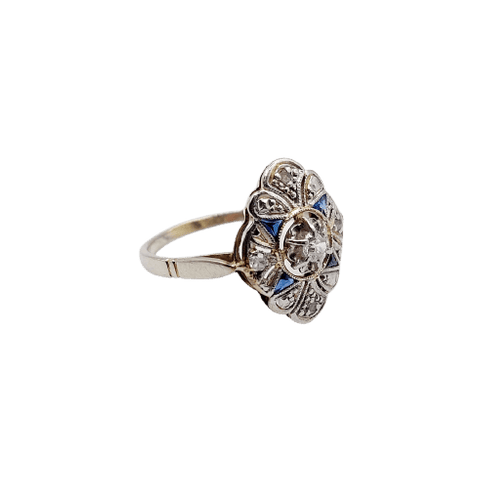 Bague 46 Bague marquise Art déco en or blanc 18K, platine, diamant et saphirs synthétiques 58 Facettes A07321