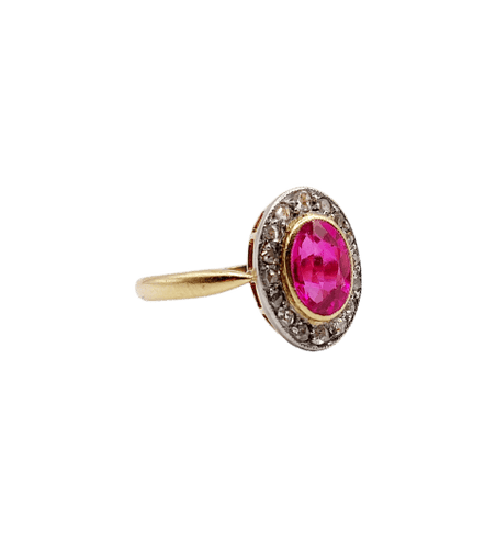 Bague 47.5 Bague pompadour antique en or 18k, platine, rubis synthétique et diamants 58 Facettes A07323