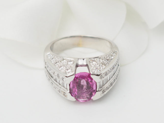 Bague Bague jonc en or blanc, saphir rose et diamants 58 Facettes 33291