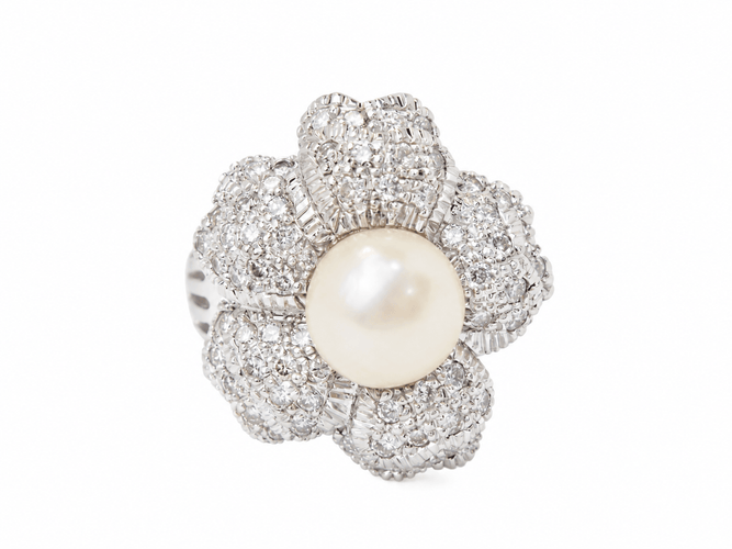 Bague 51 Bague fleur vintage en or blanc 18 carats, perle et diamants 58 Facettes 33405