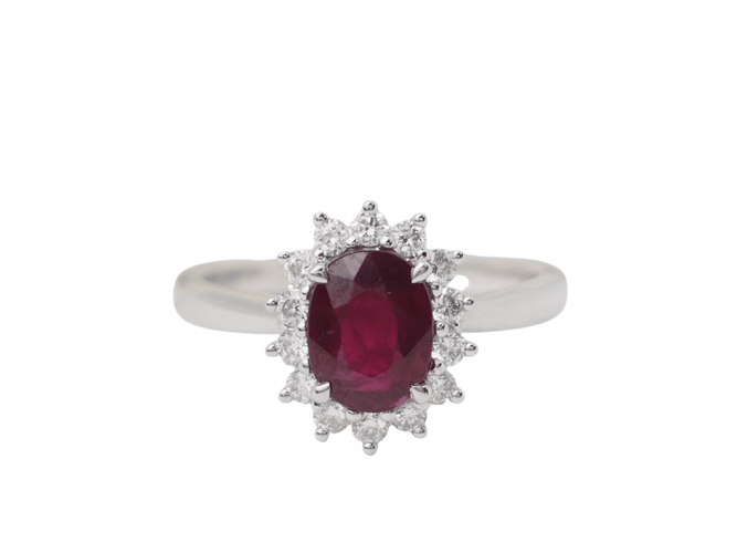 Bague 54 Bague entourage en or blanc, rubis 0,95 ct et diamants 58 Facettes 33179