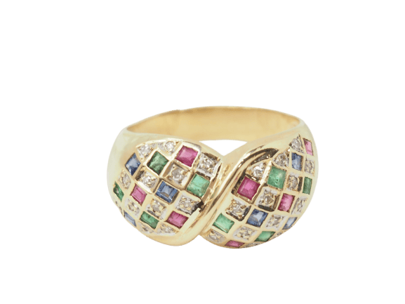 Bague 61 Bague pavée en or jaune, diamants et pierres précieuses 58 Facettes 22233