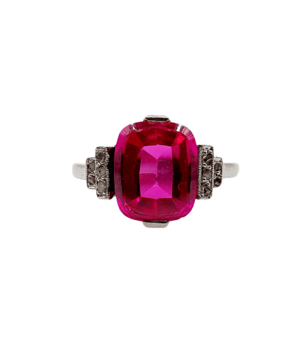 Bague 55 Bague Art déco en or blanc 18k, platine, rubis synthétique et diamants 58 Facettes A07294