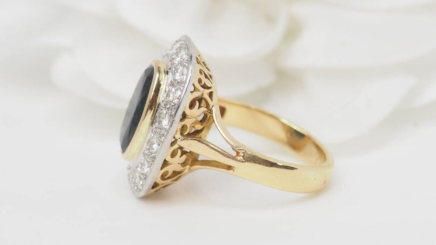 Bague 53.5 Bague pompadour en or bicolore 18 kt, saphir et diamants 58 Facettes