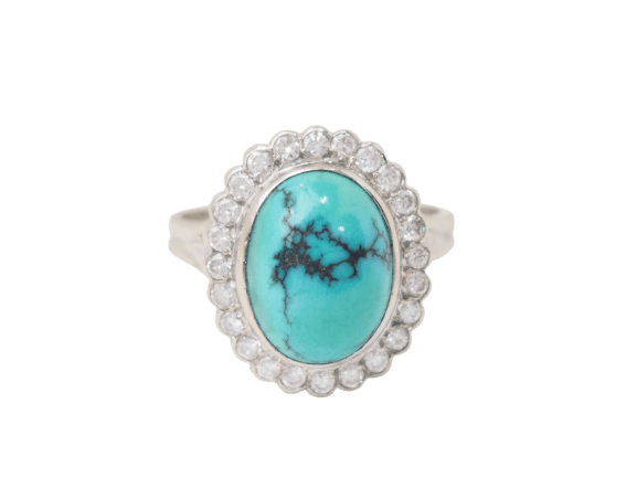 Pompadour ring in white gold, diamonds and cabochon turquoise 