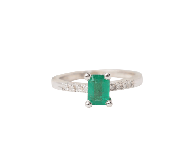 Bague 53 Bague solitaire en or blanc 18k, émeraude et diamants 58 Facettes 31389