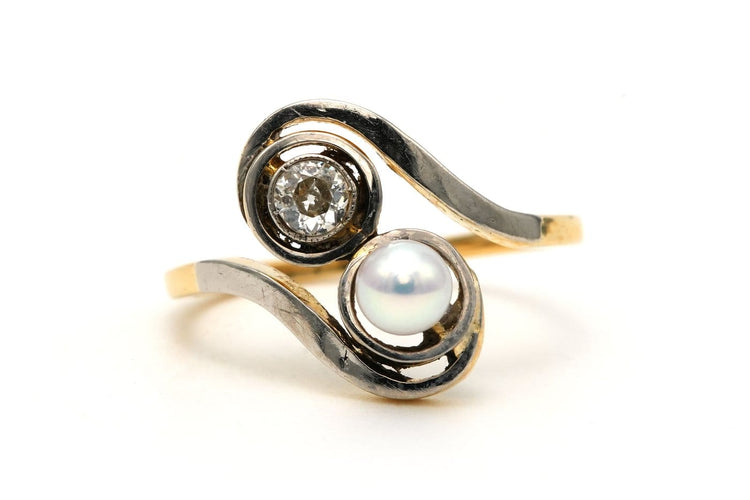 Bague 54 Art Nouveau - Bague en or blanc et jaune 18 carats, perle et diamants 58 Facettes B882