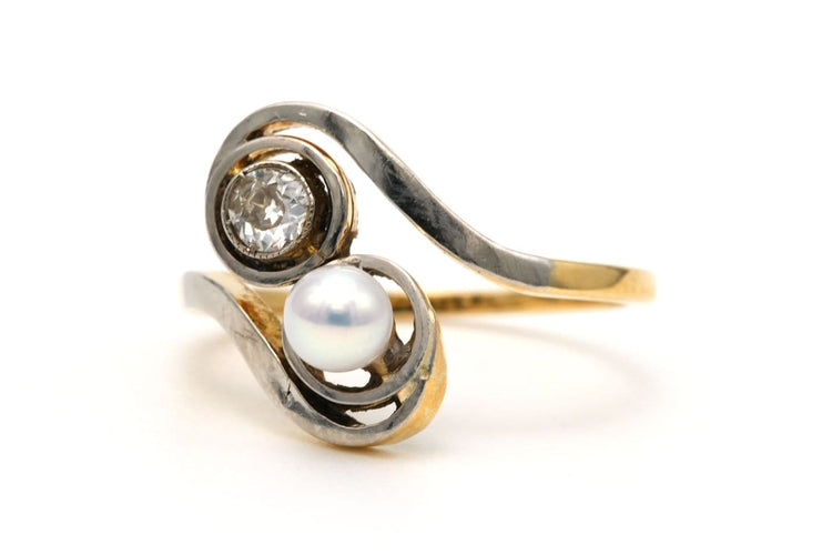 Bague 54 Art Nouveau - Bague en or blanc et jaune 18 carats, perle et diamants 58 Facettes B882