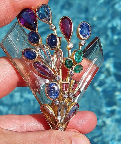 Broche Broche bouquet en or jaune 18 ct, cristal de roche rutilé et pierres 58 Facettes 261