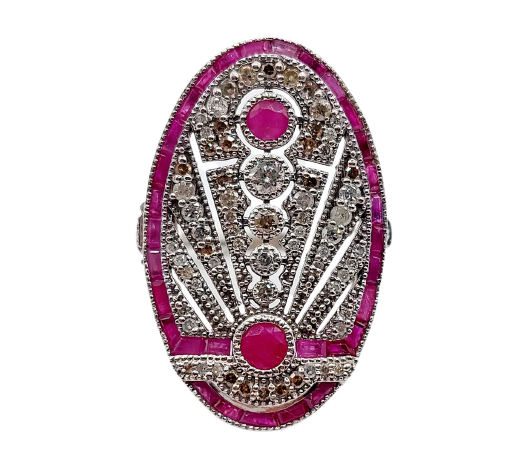 18k white gold marquise ring Art Deco, ruby and diamonds 