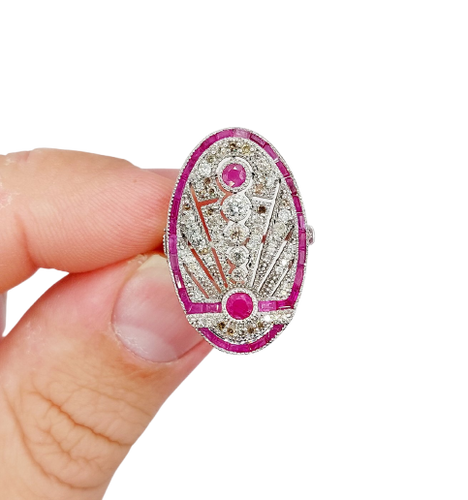 18k white gold marquise ring Art Deco, ruby and diamonds 