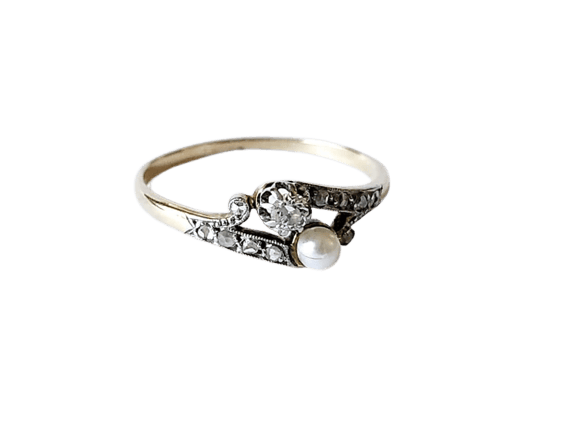 Toi & Moi - Ring i 18K gulguld, Platin, diamanter og perle 