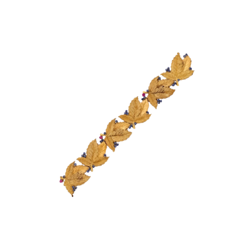 18K gold vine leaf bracelet, rubies and sapphires 