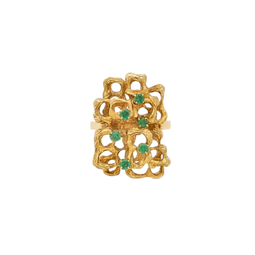 Openwork geometric ring in 18-carat yellow gold and emeralds 