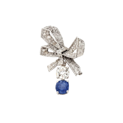 Bow brooch in platinum and white gold, Ceylon sapphire and diamonds 