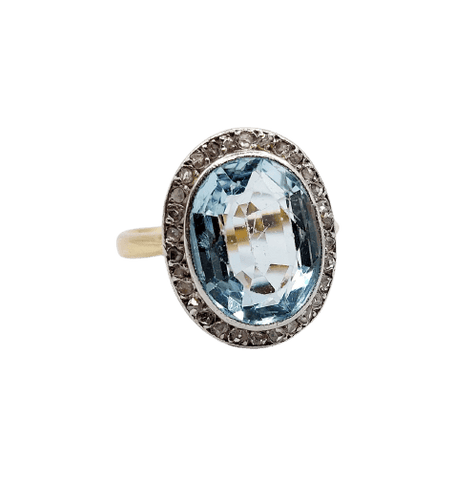 Bague 55 Bague pompadour antique en or 18K, platine, aigue-marine et diamants 58 Facettes A07376