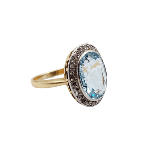 Bague 55 Bague pompadour antique en or 18K, platine, aigue-marine et diamants 58 Facettes A07376