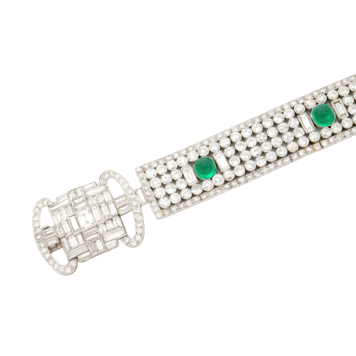 Art Deco - Ribbon bracelet in platinum, diamonds and emeralds 