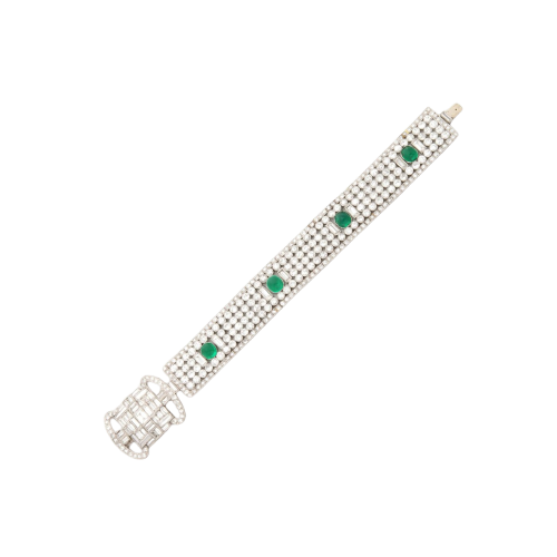 Art Deco - Ribbon bracelet in platinum, diamonds and emeralds 