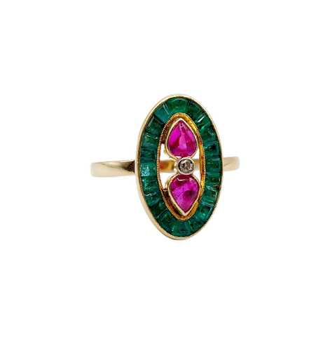 Vintage marquise ring in 18k gold, ruby, diamond and emeralds 