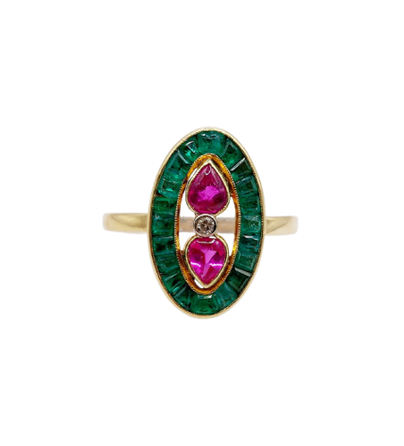 Vintage marquise ring in 18k gold, ruby, diamond and emeralds 