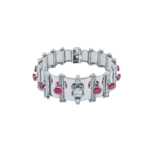Vintage bracelet in white metal, unheated Burmese rubies and diamonds 