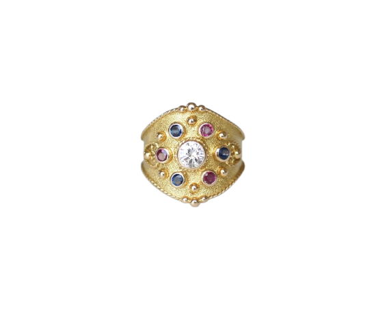 Etruský prsten ze žlutého zlata, diamant, safíry a rubíny 