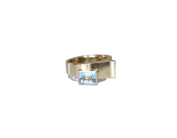 Bague 53 Bague Tank Art déco en or jaune, platine, aigue-marine et diamants 58 Facettes