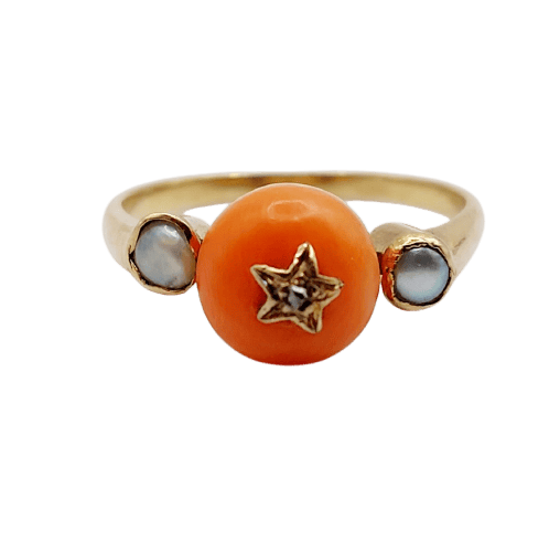 Bague 52 Bague antique en or 18K, corail, diamant et perles 58 Facettes A07393