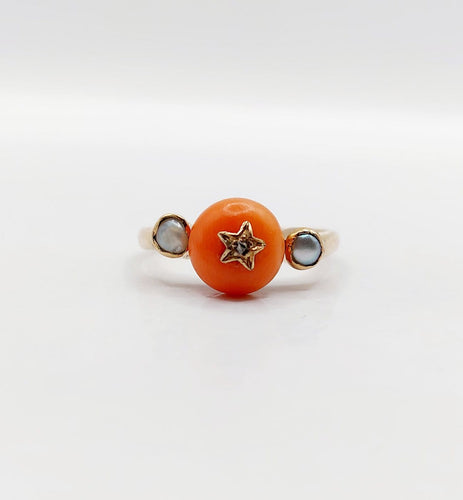 Bague 52 Bague antique en or 18K, corail, diamant et perles 58 Facettes A07393