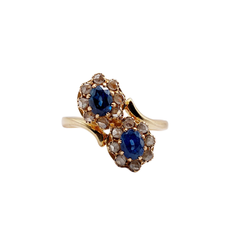 Antique ring Daisy in 18k rose gold, sapphires and diamonds 