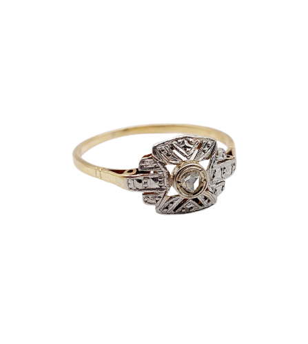 18K gold ring Art Deco, platinum and rose-cut diamonds 