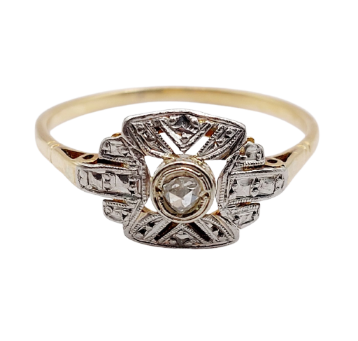 18K gold ring Art Deco, platinum and rose-cut diamonds 