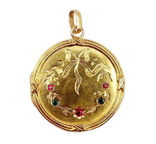 18k gold photo locket pendant and colored glasses 