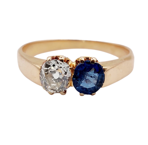 Antique Toi & Moi ring in 18k rose gold, diamond and sapphire 