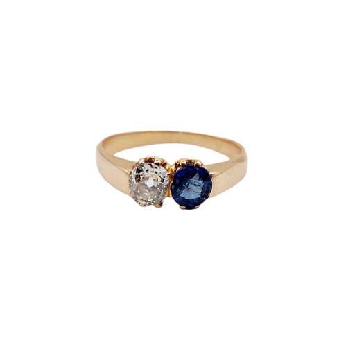 Antique Toi & Moi ring in 18k rose gold, diamond and sapphire 