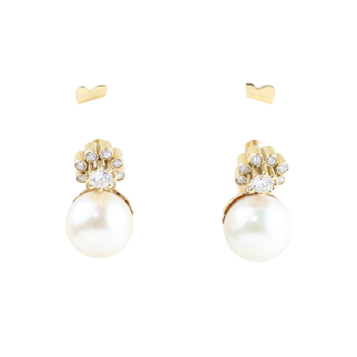 18K yellow gold earrings, cultured pearls and diamonds 
