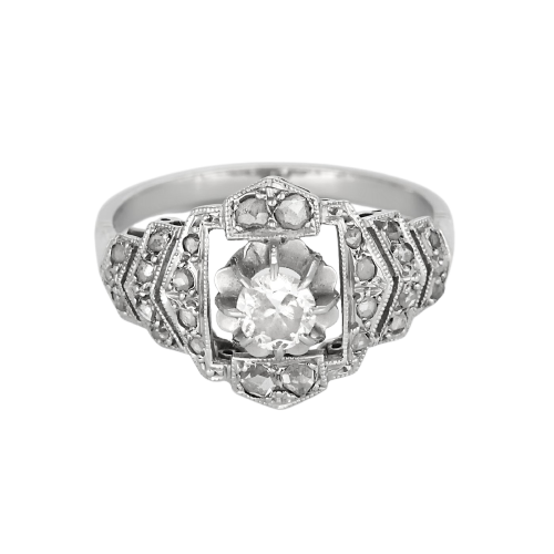 Ring i Platin og hvidguld med diamanter i old cut- og rosenslibning 