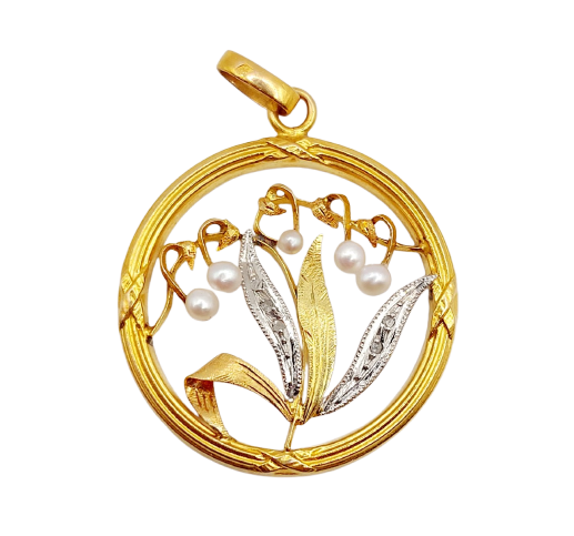 Pendentif Pendentif Art nouveau brin de muguet en or 18k, perles et diamants 58 Facettes A07276