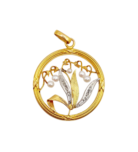 Pendentif Pendentif Art nouveau brin de muguet en or 18k, perles et diamants 58 Facettes A07276