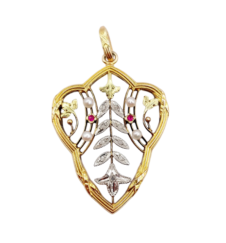 18 ct gold Art Nouveau pendant, pearls, diamonds and rubies 